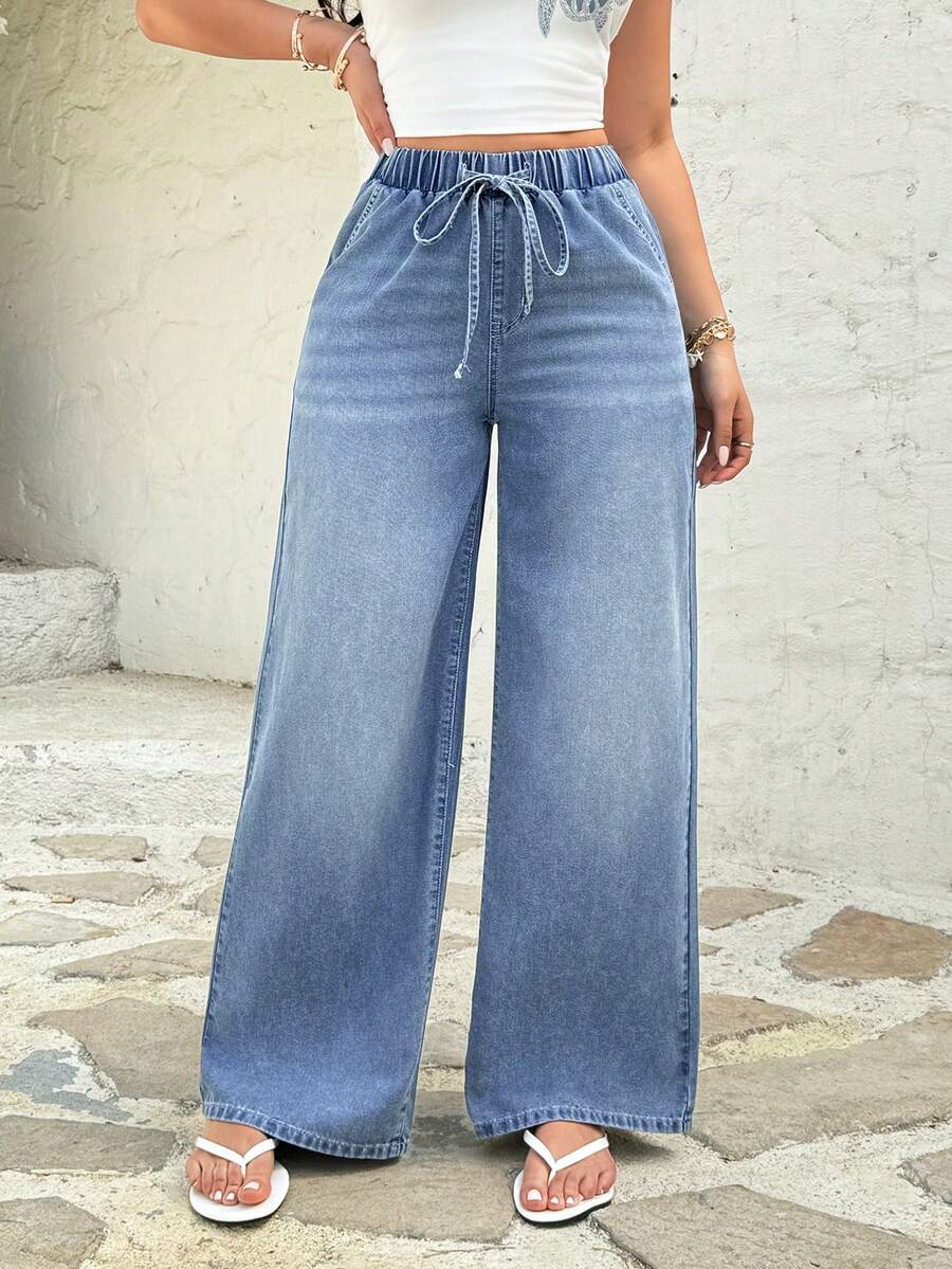 Rivivi Jeans de pierna ancha con cintura elástica y cordón - Lavado ligero - Ver 1