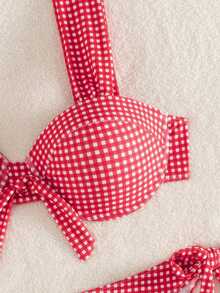 Swim Mod 大码女式粗肩带褶皱格纹印花沙滩度假泳衣套装，春夏款 - 彩色 - 查看 4