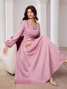 Modelyn Women's Spring/Summer Pink Woven Draped Neck Ruffle Waist A-Line Elegant Romantic Dress Cowl Neck Dress Lantern Sleeve Dress Feminine Dress Purple Long Sleeve Elegant Dress Dusty Rose Dress Women Dress Easter Brunch Romantic Floral Dres Easter Brunch Romantic Floral Dres Global Modest Fashion Dres Soft Pink Satin Modest Midi Dress Spring Break Romantic Outfit Easter Sunday Modest Floral Dress Spring Date Night Midi Dress Garden Party Elegant Dress Premium Satin Fabric Dusty Pink Rose Applique Mi - Pink - View 6