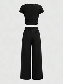 SHEIN 少女蝴蝶结罗纹印花T恤和打底裤两件套，休闲日常时尚百搭 - 黑色 - 查看 2