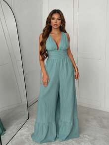 Slaydiva Spring/Summer Vacation, Beachfront, Elegant, Romantic, Sexy, Party, Date, Birthday Party, Wedding Season, Suitable For Yacht Trips, V-Neck, Slim Waist, Ruffled Fabric, Women's Loose Jumpsuit - A - Green - View 5