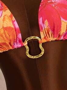 Bonvoyette 3pcs/Set Spring Break Random Print Colorful Triangle Halter Sexy Elegant Vacation Bikini Set With Irregular Metal Ring And Long Mesh Beach Dress, Women Swimwear - Multicolor - View 5