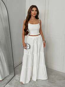 Slaydiva 春夏度假、海滨、优雅、浪漫、性感派对、约会、生日派对、休闲、优雅、游艇旅行 - 串珠吊带背心和长裙女士两件套 - A - 白色 - 查看 1