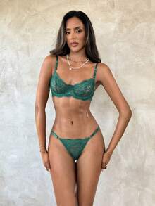 Aloruh 2 件女士蕾丝性感内衣套装（包括钢圈文胸和丁字裤） - 軍綠色 - 查看 4
