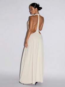 SHEIN ICON Fitted Deep V-Neck Metal Chain Decor Long Dress For Women,Summer Dresses For Women - Beige - View 2