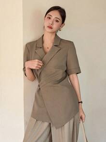 Dazy-Less Áo khoác dáng ngắn màu trơn dành cho nữ, thích hợp mặc đi làm, phong cách công sở thường ngày, mùa hè. - trắng - Xem 3