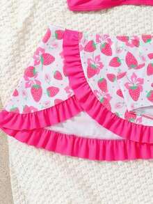 SHEIN 4pcs/Set Young Girls Swimsuit Set, Spring/Summer Beach Swimwear Set, New Arrival. Includes Spaghetti Strap Swimsuit Top, Bottoms, Cover-Up Skirt, And Sun Hat. Adorable Strawberry Pattern Makes Girls Cuter, Ruffled Hem Adds Sweet And Lovely Touch. Strawberry Pattern Is Very Cute. Strawberry Bathing Suit Girls 2 Piece Swim Suits One Piece Of Bathing Suit Fruit With Skirt Kid Kids Strawberry Swimsuit - Hot Pink - View 5