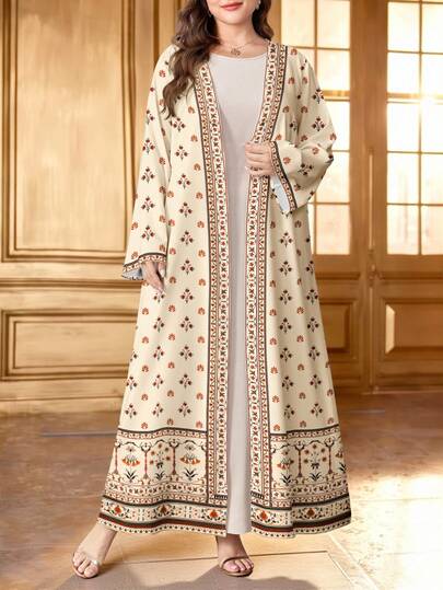 SHEIN Najma 复古花卉植物印花杏色加大码女装连衣裙，优雅阿拉伯风格长袍，春秋季长袖开衫外套，亚洲时尚