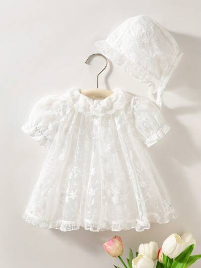 2件套幼儿女童夏季新生儿碎花领荷叶边蕾丝公主裙+蕾丝边帽子