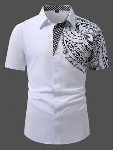 Calvornis 男士休闲几何印花短袖衬衫，夏季 - 黑與白 - 查看 3