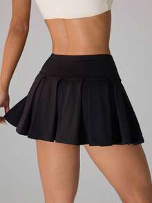 SHEIN PETITE 纯色学院风休闲针织百褶超短裙 - 黑色 - 查看 2