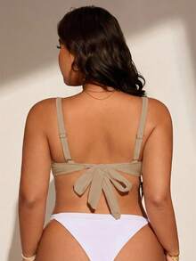 Swim Chiccia Plus Size Women Solid Color Off-Shoulder Metal Decor Sexy One-Piece Bikini Top, Suitable For Spring - Apricot - View 2