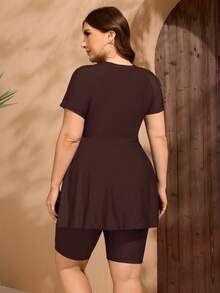 Swim Mulvari Plus Size Women Burkini Set, Ruched Side Tankini Swimwear, Slate Blue - Brown - View 2