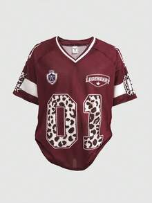 SHEIN 少女休闲豹纹数字图案T恤，夏季 - 紅色 - 查看 3