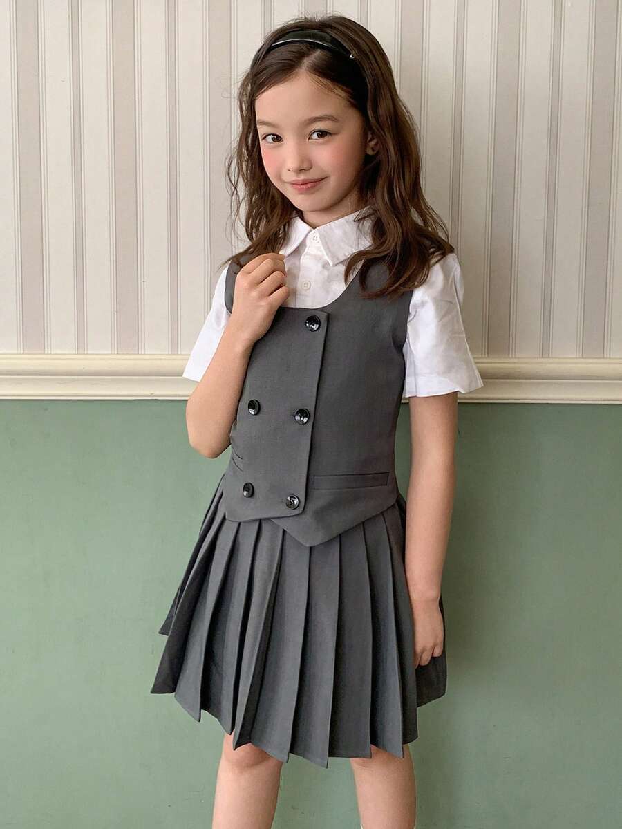DAZY Tween Girl Preppy Style Double-Breasted Vest & Pleated Skirt Set - Grey - View 1