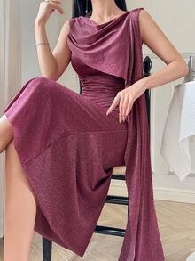 DAZY 女士优雅无袖亮片中长连衣裙，夏季 - 玫紅色 - 查看 1