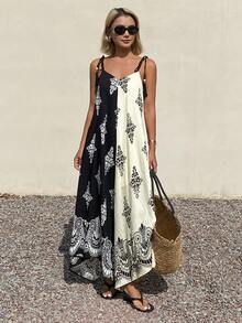 Livesso Women's Black And Cream Floral Summer Boho Beach Vacation Holiday Dress,Geometric Print Loose Strap Sundress With Beaded Tie-Up Details Casual - Black and White - View 5