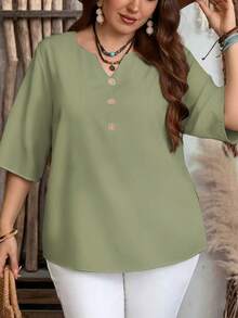 EMERY ROSE Plus Size Women's Solid Color V-Neck Casual Minimalist Short Sleeve Shirt, Suitable For Summer - Green - View 5