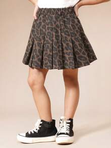 SUMWON 女童豹纹褶裥A字迷你裙，松紧腰带，休闲校园风 - 咖啡棕 - 查看 3
