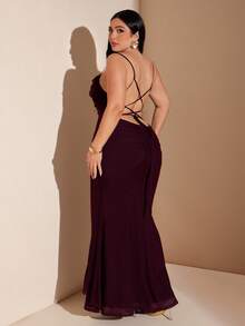 SHEIN BAE Plus Size Women's Dark Purple Elegant Summer Rosewood Color Patchwork Ruffle Hem Fitted Night Outfits,Floral Maxi Stretchy Knit Mesh Dress - Redwood - View 3