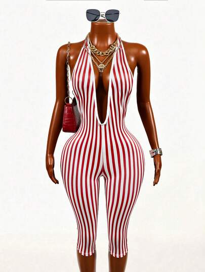 Mistrie Striped Contrast Print Cold-Shoulder Backless Halter Design Capri Pants, Casual Sporty Sexy Daily Holiday Spring/Summer Knit Jumpsuit For Women