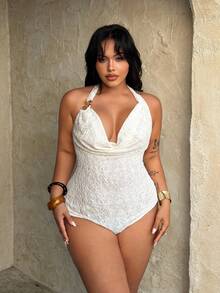 Rustia Plus Size Halter Tie Bow Neck Flowy Bodysuit, Elegant Sexy Vacation/Party Wear For Women, Spring/Summer - Apricot - View 5