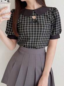 FRIFUL Women's Summer Patchwork Peter Pan Collar Short Sleeve Fitted Casual T-Shirt - Khaki - View 3