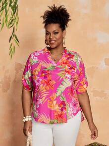 EMERY ROSE 大码女式热带植物印花翻领卷袖衬衫上衣，适合夏季、外出、沙滩、度假、乡村音乐会、狂欢节、海滩度假、办公室、工作、商务休闲等场合，也适合下午茶、锐舞派对等场合。这款热带风情上衣，适合秋季穿着，图案为夏威夷风情，适合春夏秋冬。 - 彩色 - 查看 4