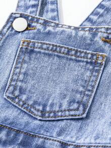 SHEIN Young Girls Denim Bib Pants And Jumpsuit New Casual Fashion Pleated Skort Design Sweet School Style Light Blue Denim Jumpsuit Shorts - Blue - View 9