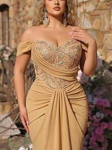 Glamrae Đầm dạ hội cỡ lớn sang trọng, thanh lịch màu sâm panh, thêu sequin, phối ren, chất liệu co giãn, dáng đuôi cá, eo xếp ly, thích hợp cho đám cưới, tiệc tùng, kỳ nghỉ, dạ hội (chất liệu dày dặn). - Rượu sâm banh - Xem 3