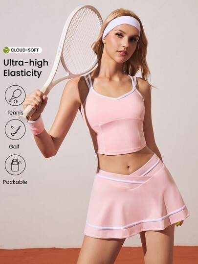 CourtClass Women's Contrast Trim Camisole Sports Bra Pink Tennis Outfit Sports Set Women