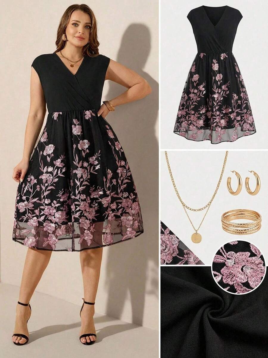 Comfylo Elegant Plus Size Women's Black Cap Sleeve V Neck Knee Length A Line Dress With Pink Floral Embroidery - Multicolor - View 1