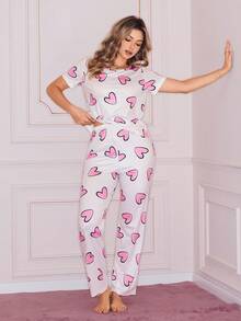 Heart Print Short Sleeve & Pants Women Pajama Set - Multicolor - View 4