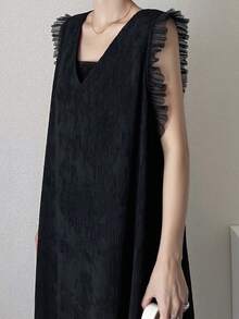 FRIFUL Women's Mesh Patchwork Mid-Length Dress Sundress - Black - View 6