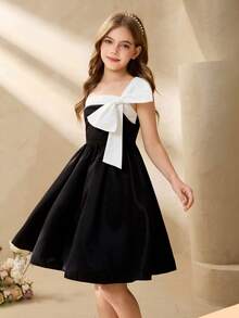 Girls' White Bow Transparent Strap Dress, Suitable For Spring/Summer Weddings, Birthday Parties Girls' Satin Black Midi Dress, Polyester, Sleeveless, Lightweight - Black - View 7