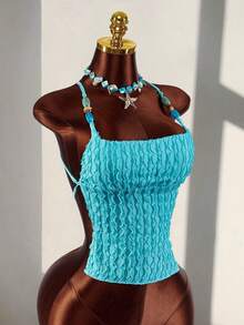 Amplova 2026 New Textured Fabric Beaded Open Back Halter Neck Top - Blue - View 5