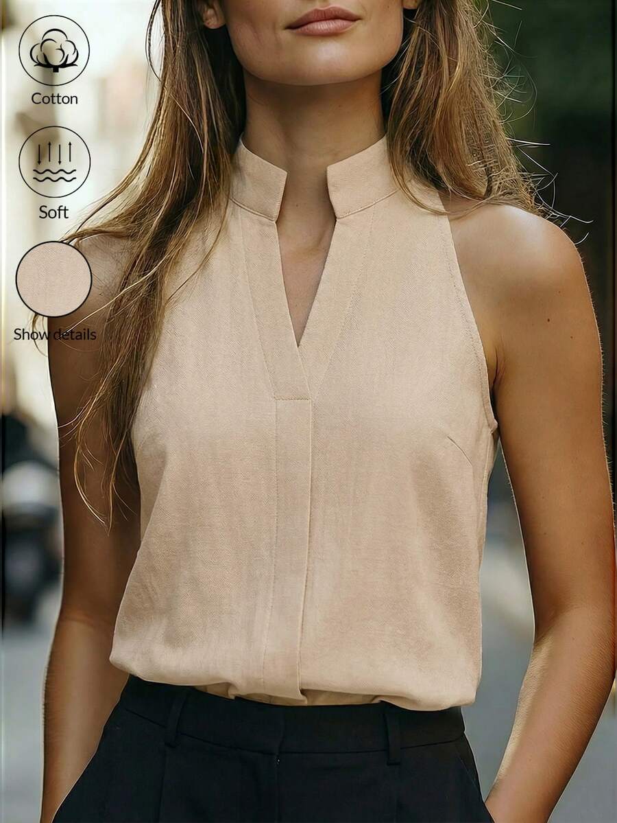 Balvessa Áo sơ mi nữ không tay cổ đứng bằng chất liệu cotton nguyên chất, đa năng và tôn dáng. - Màu be - Xem 1