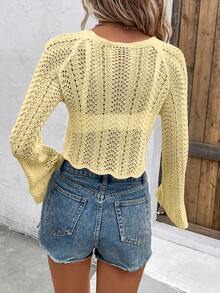SHEIN Holidaya Women's Solid Color Raglan Sleeve Long Sleeve Cropped Hollow Out Pullover Sweater - Yellow - View 2