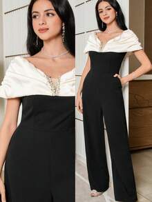 Feyla Women's Elegant Commuter Colorblock Rhinestone Decor Jumpsuit - Multicolor - View 9