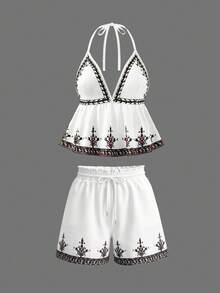 SHEIN LUNE Boho Floral Print 2 Pieces Casual Vacation Outfit For Women, Spring/Summer - White - View 2