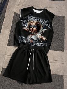 Manfinity EMRG Men's Angel & Letter Print Crew Neck Tank Top And Drawstring Waist Shorts Set Goth Summer Clothes - Multicolor - View 3