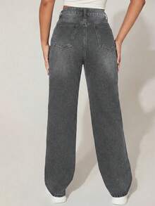 SHEIN PETITE Women's Solid Color Minimalist Ripped Denim Jeans, Casual Wear ,Petite Women - Grey - View 2
