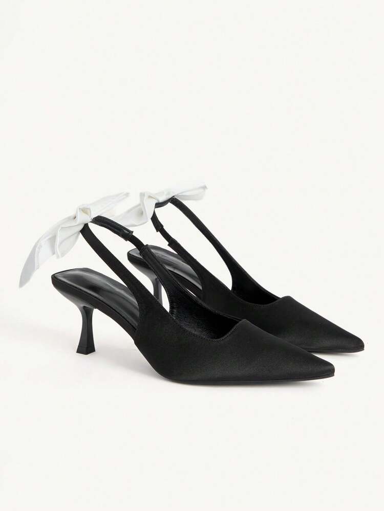 CUCCOO CHICEST Pointed Fashion Versatile Temperament Elegant Fairy Back Bow Satin Black Slingback High Heels Summer Shoes Wedding Shoes Bride Shoes
