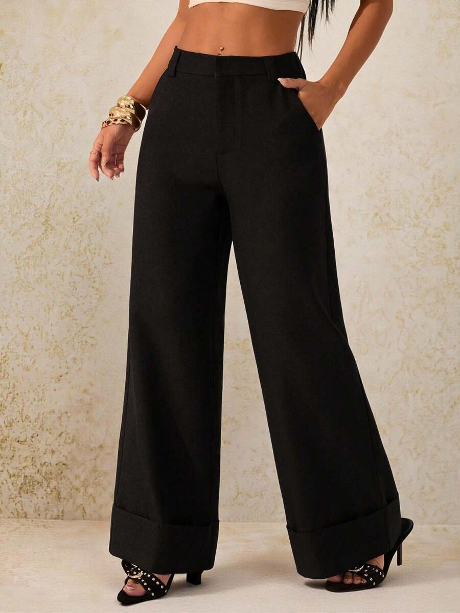 SHEIN PETITE 女士黑色纯色斜纹梭织纽扣口袋简约低腰休闲裤，适合通勤、休闲外出、复古风格、办公室穿着，春夏皆宜 - 黑色 - 查看 1