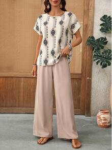 EMERY ROSE Women's Elegant Pleated V-Neck Apricot Short Sleeve Blouse - Multicolor - View 4