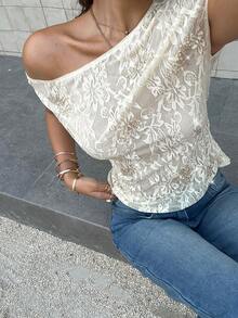 Serisse Áo thun nữ màu trơn thanh lịch cổ lệch ren, mùa hè, áo trắng ren hoa đính sequin kiểu Pháp sang trọng, trang trí hoa 3D đính đá, thích hợp cho hẹn hò/kỳ nghỉ lãng mạn, áo mùa hè, áo dự tiệc, kỳ nghỉ biển, áo đi chơi, sinh nhật, ngày lễ, áo ren trắng. - Màu be - Xem 7
