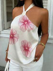 SHEIN EZwear 女士休闲粉色碎花露背吊带背心，适合夏季、海滩、音乐节等场合，可作为舒适的泳装或沙滩装穿着。适合度假季、返校季、大学校园风以及比赛日。 - 彩色 - 查看 3