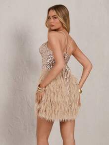 SHEIN Glamour 新款棕色短款无袖修身亮片性感优雅后拉链短款女装，适合所有季节，全年可穿，包括伴娘礼服、婚礼宾客礼服、女士派对礼服、女士生日礼服、优雅女士连衣裙和度假连衣裙、约会之夜礼服和鸡尾酒会礼服。 - 香檳色 - 查看 6