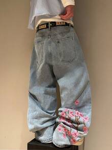 Manfinity Roghcode Casual Chic Peach Blossom Embroidery Design Loose Wide-Leg Jeans - Blue - View 2