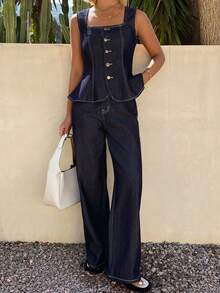 DAZY Bộ áo vest và quần jeans nữ mùa hè - Rửa tối - Xem 3